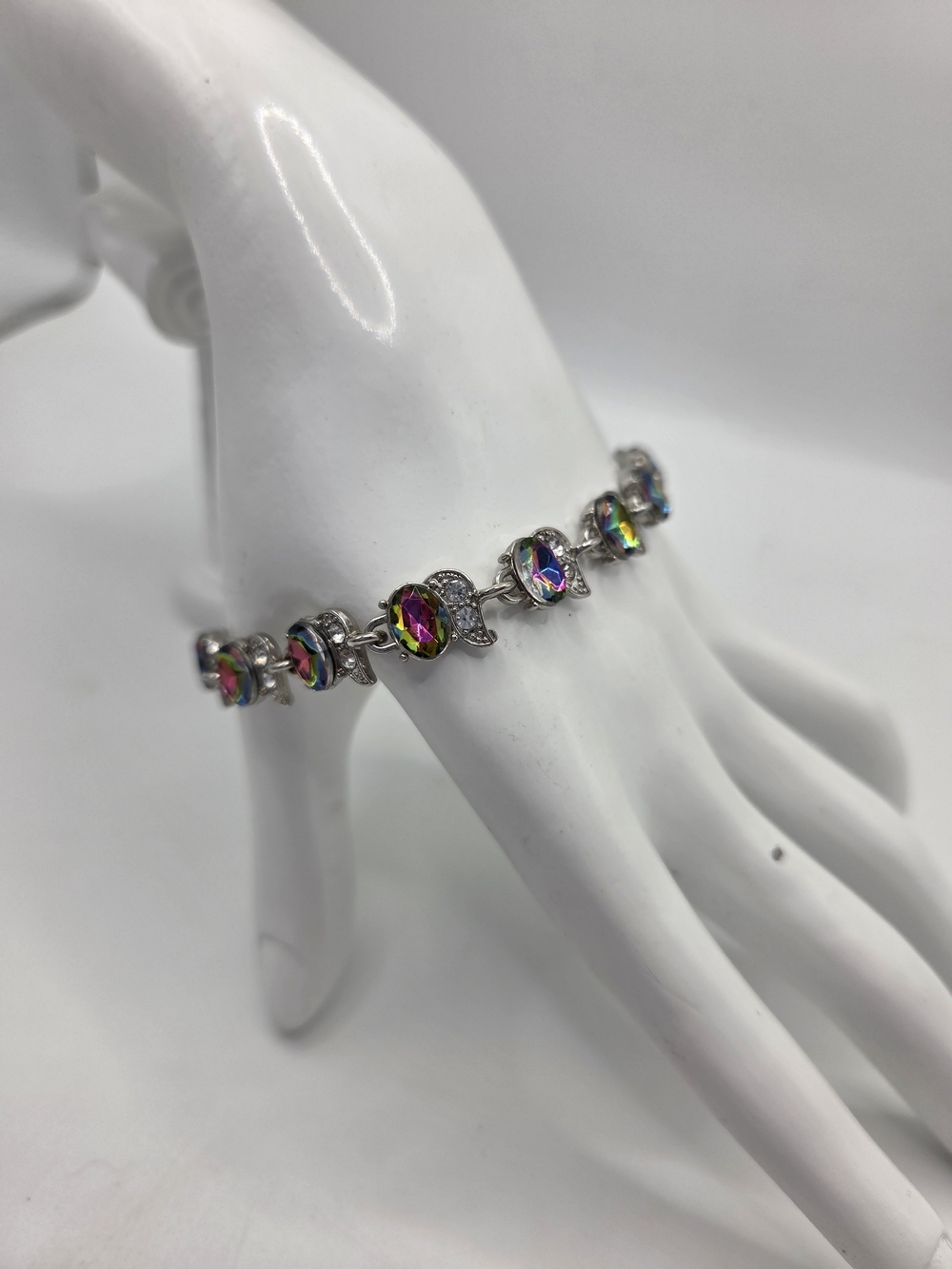 Vintage 1950s Iridescent Mystic Fire Topaz Rainbow Owl Linked Tennis Bracelet